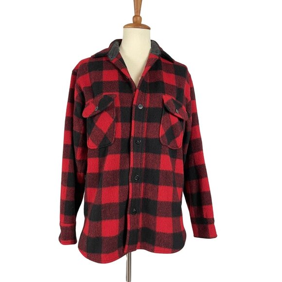 Vintage Ohrbach's Wool Buffalo Plaid Button Up Flannel Shacket M 60's/70's Red